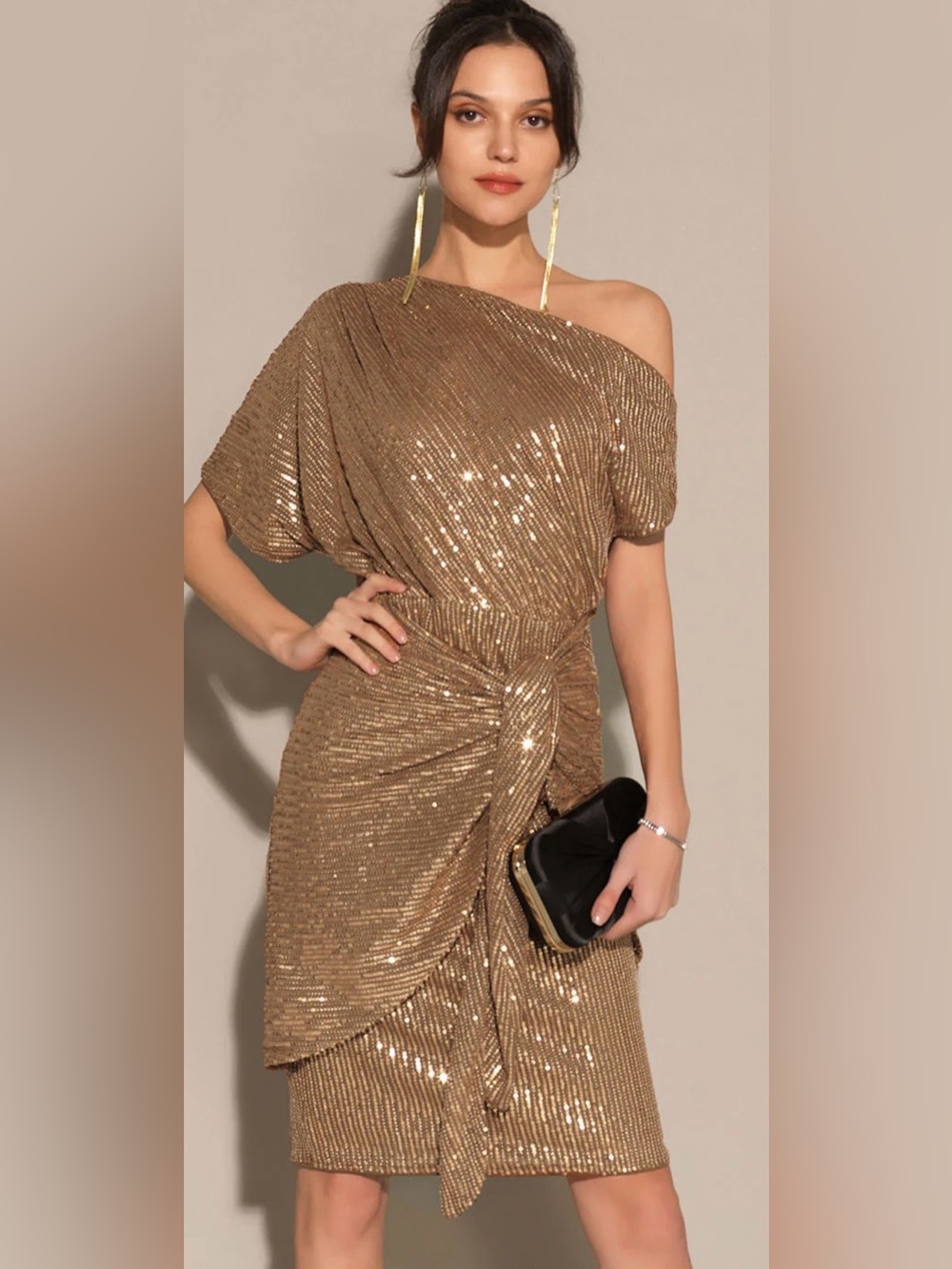 Gold Sequin One-Shoulder Evening Dress